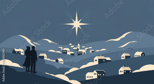 Couple gazing at the Christmas star above a village, a vector illustration of the holiday spirit and faith