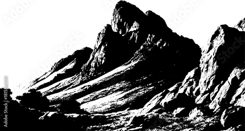Mountain engraving with vintage line drawing style. Detailed black and white vector illustration of rugged nature and scenic views.