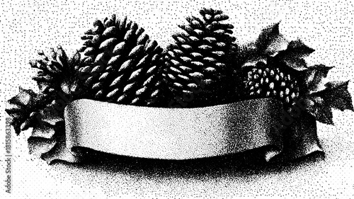 Pinecone and holly banner vector illustration in black and white. Simple and flat design suitable for winter greeting card set.