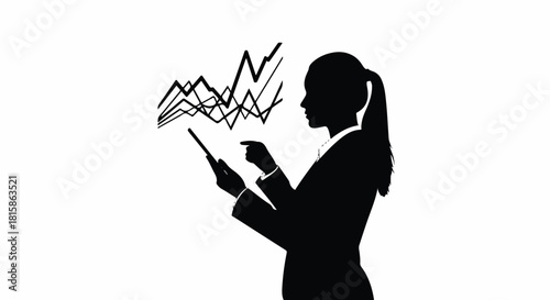 Strategic businesswoman silhouette analyzing dynamic financial performance and data visualizations on a digital device, depicting market trends, business intelligence, and growth strategy
