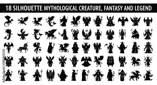 18 Silhouette Mythological Creatures, Fantasy and Legend Icons Set, Black Vector Kit of Dark Beasts, Wizards, Dragons, Demons, and Angels for Game Design, Tattoos, or Print.