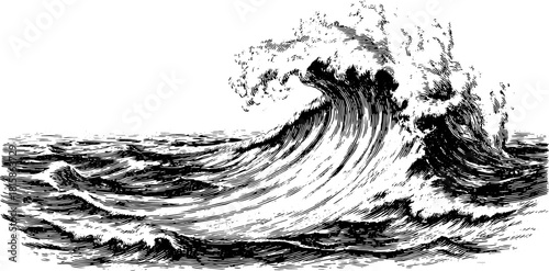 Vintage wave engraving in a detailed black and white line drawing. This design features intricate ocean movement in a vector illustration set.