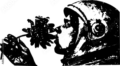 Astronaut holding a flower, black and white silhouette. Vintage vector illustration representing nature and space in a creative format.