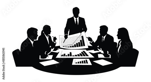 Vector silhouette of a corporate team in a business meeting, analyzing charts and graphs for strategic planning and success