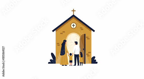 Vector illustration showing a loving family entering a welcoming church, symbolizing faith, community, and spiritual connection. Perfect for themes of family church and religious values