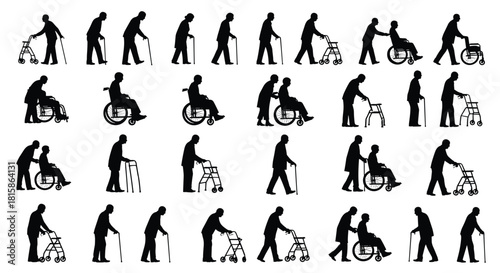 Set of elderly and disabled care silhouettes, collection of seniors with walking wheelchairs, featuring caregiver assistance, useful for medical graphics and accessibility design, isolated on white