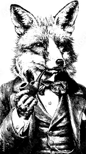 A vintage fox portrait in black and white. The anthropomorphic animal wears a suit and a bowtie, holding a pipe in this elegant vector illustration.