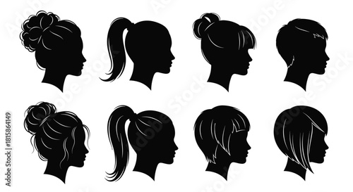 Set of female head profiles, collection of various detailed hairstyles including bun, ponytail, and bob cuts, perfect for beauty, salon branding, and elegant graphic design, isolated on white