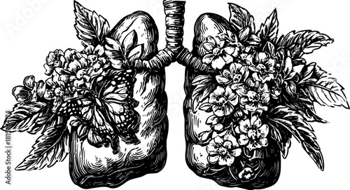 Lungs with flowers and a butterfly in a vintage engraving style. This black and white vector illustration showcases intricate details in a botanical set.