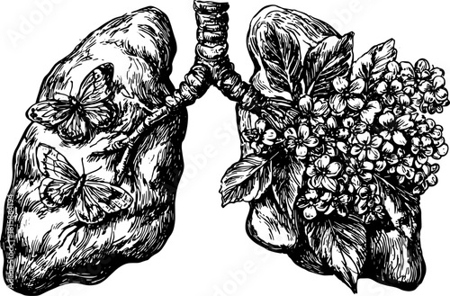 Lungs with butterflies and blooming flowers in a handdrawn, vintage style. Monochrome anatomy and botanical vector illustration.