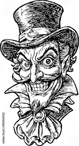 Vintage clown character illustration with a dramatic grin. This detailed line art vector design serves as a unique representation of theatrical expression.
