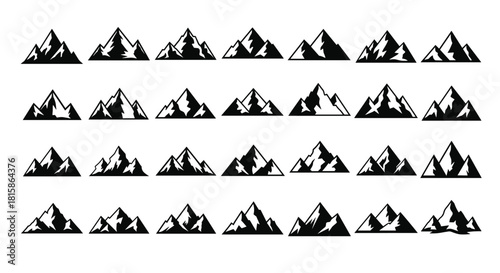 28 Mountain Peak Silhouettes Vector Icons Set, Minimalist Black Geometric Design, Snowy Mountains, Hilltop, and Adventure Travel Symbols for Outdoors Logo, Tourism, or Camping Badge.