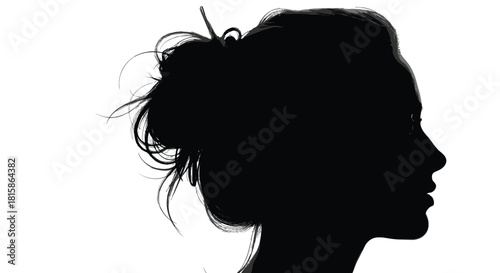 Woman's head silhouette, side profile with messy bun hairstyle, abstract black figure with expressive details, concept for beauty, identity, and inner thought, isolated on white