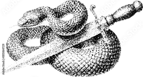 Vintage engraving of a snake wrapped around a sword. This black line drawing features detailed execution, showcasing an antique design in a vector illustration.