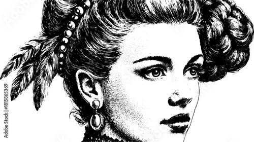 Antique engraving of a woman's portrait. Detailed vector illustration featuring hand-drawn elements and stylish accessories in a vintage aesthetic.
