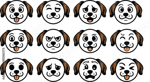 vector Cartoon dog faces showing different emotions expressions and moods in a grid