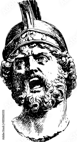 Head illustration of a vintage engraving depicting a military figure. This hand-drawn vector illustration captures historical details in a classic style.