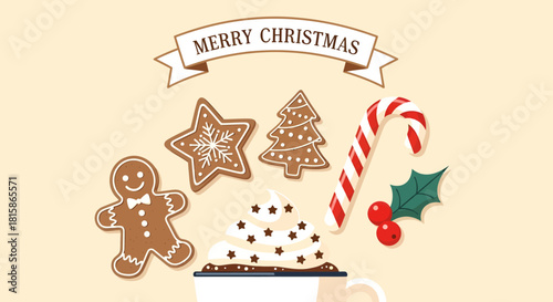 Celebrate Christmas cheer with gingerbread cookies, candy cane and holly berries, perfect for festive treats and holiday promotions, with Merry Christmas banner