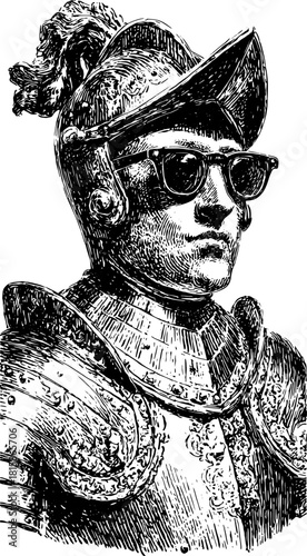 Knight engraving with black outline. Vintage vector illustration featuring a historical soldier wearing glasses and intricate metal armour.