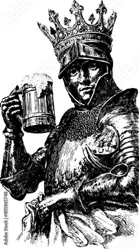 Vintage engraving of a king in armor holding a mug. Detailed vector illustration perfect for historical or ceremonial themes.