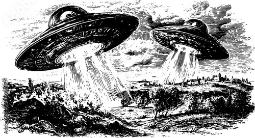 UFOs hovering silhouette in a vintage engraving style. Black outline illustration depicting an extraterrestrial scene with landscape elements. Vector art set.