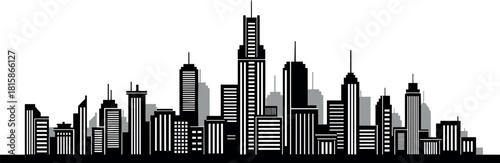 Modern city skyline silhouette, urban cityscape vector illustration with skyscrapers, panoramic black buildings isolated on white background, architecture.
