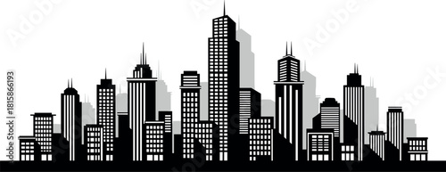 Modern city skyline silhouette, vector illustration of urban cityscape with skyscrapers, black buildings isolated on white background, architecture design.