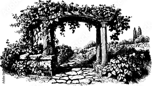 An archway adorned with vines leads to a stone path in a serene garden. This detailed black and white vector illustration captures the essence of classic architecture.
