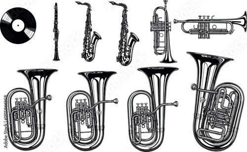 Set of brass and woodwind musical instruments, saxophone, trumpet, tuba, clarinet, vinyl record, vector illustration collection, isolated on white background.