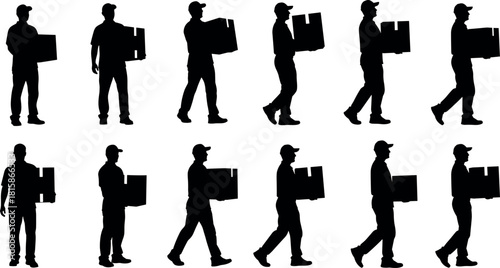 Set of delivery man silhouettes carrying boxes, courier holding package, black vector illustration collection, mover service worker, isolated on white.