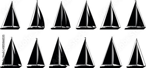 Silhouette collection of sailing boats, black vector yacht icons isolated on white background, marine transport set, ocean sport design.