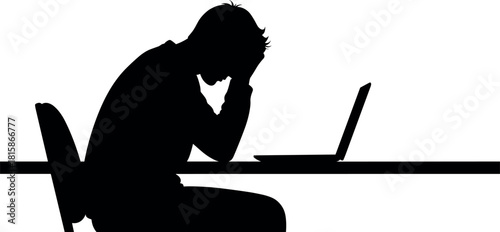 Silhouette of depressed man sitting at desk with laptop, head in hands, black vector illustration isolated on white background, burnout concept.