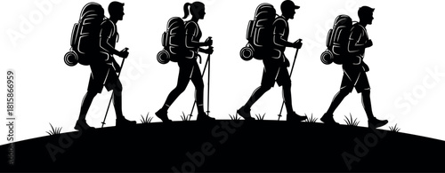 Silhouette of group of four hikers walking on hill, backpackers trekking together with poles, vector illustration isolated on white.
