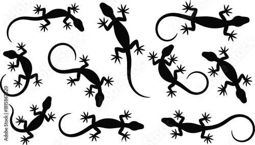 Black lizard silhouette collection, gecko reptile vector illustration, crawling lizard artwork, wildlife animal design, exotic reptile drawing, lizard outline artwork set