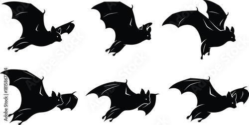“Flying bat silhouette collection illustration for Halloween design, spooky night animal graphics, dark wildlife symbols, horror themed vector artwork”