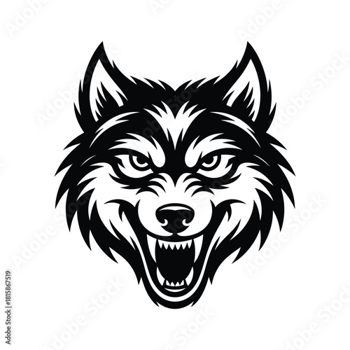 Illustration of a fierce wolf head with sharp teeth and intense eyes, isolated on, showcasing its wild and untamed nature in a detailed design