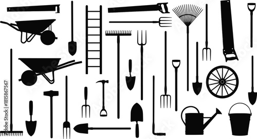 Black silhouette gardening tools, farming equipment, shovel, rake, wheelbarrow, ladder, saw, bucket, watering can, outdoor work gear, agriculture set