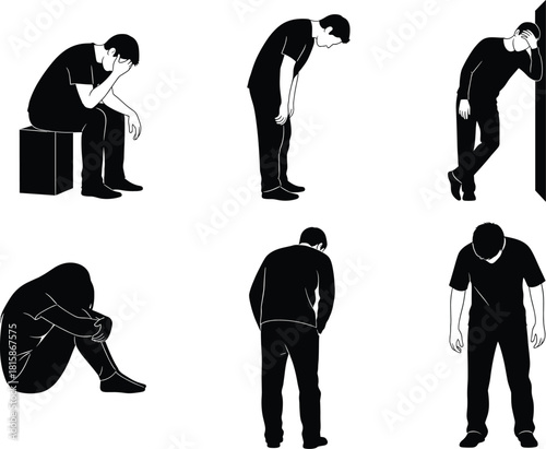 Depressed man silhouette poses expressing sadness, stress and anxiety in emotional posture collection, mental health awareness concept, cad drawing flat vector illustration