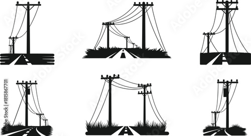 Electric power line pole silhouettes along countryside road, rural utility infrastructure vector artwork for engineering design, cad drawing flat vector illustration