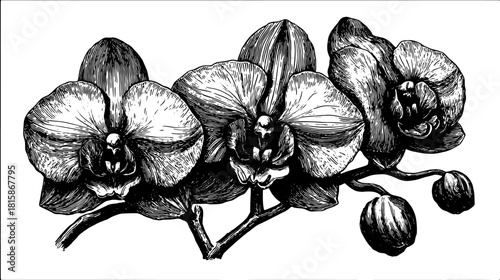 Orchid flower set with detailed petals and buds in monochrome sketch style. Botanical vintage vector illustration with engraving.