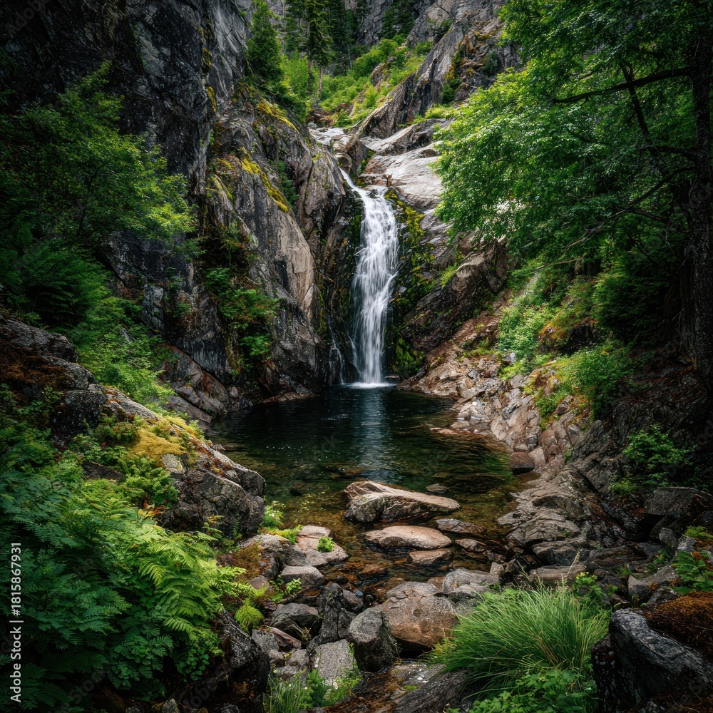 Naklejka premium Serene Waterfall Oasis - A Hidden Gem in Lush Greenery.