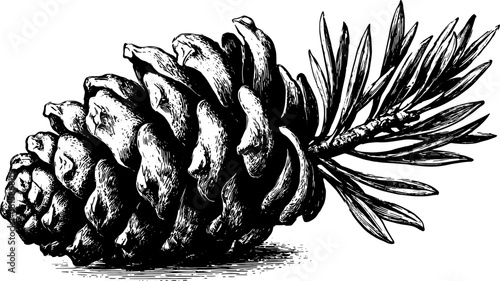 Pine cone and needles on branch in handdrawn black and white. Vintage botanical vector illustration with fine realistic detail.