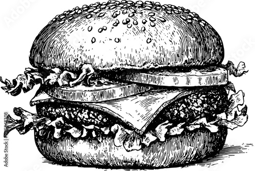 Burger with beef, lettuce, cheese, tomato, and sesame bun in hand-drawn vintage style. Monochrome vector illustration with detailed sketch lines.