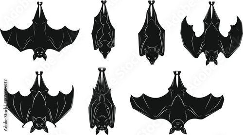 Hanging and flying bat silhouettes collection for Halloween wildlife themes, spooky nocturnal animal graphic set, cad drawing flat vector illustration
