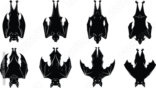 Hanging bat silhouettes collection in black outline style, spooky wildlife graphic set for Halloween design elements, cad drawing flat vector illustration