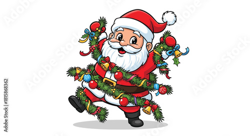 Joyful Santa Claus dancing with festive garland brightens the holidays