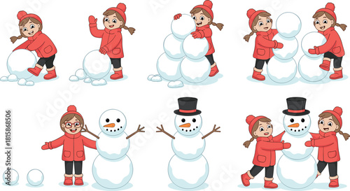 Joyful little girl building a snowman in winter, playful holiday illustration showing fun outdoor activities, cad drawing flat vector illustration