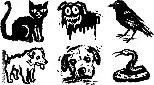 Animals in a black graphic style. Vector set includes a cat, dog, bird, and snake illustrations.