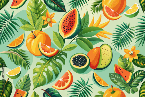 Tropical Fruit Delight: An artwork features vibrant tropical fruits, including papaya, oranges, and apples, artfully arranged amidst lush green leaves and exotic flowers.