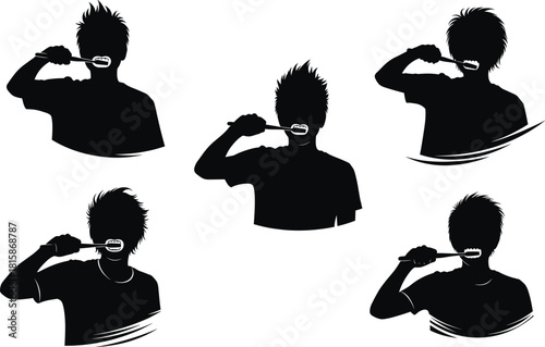 Silhouette figures brushing teeth in multiple poses, daily oral hygiene routine illustration set with toothbrush details, cad drawing flat vector illustration